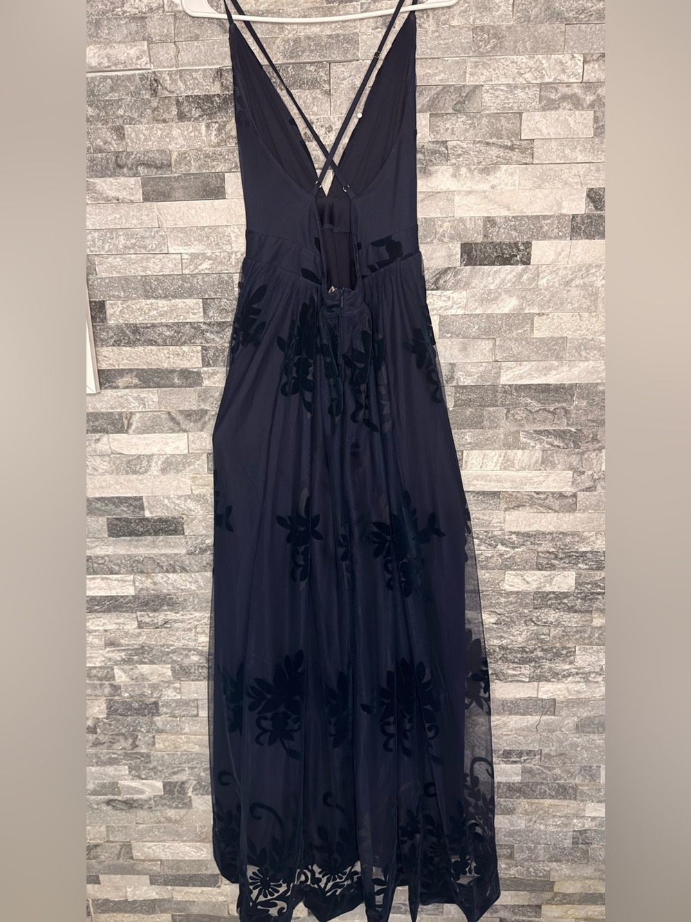 Luxxel Navy Velvet Floral Maxi Dress with Crisscross Back